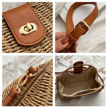 Load image into Gallery viewer, Medium beige and khaki straw bucket women's bag with locking buckle closure