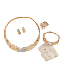Load image into Gallery viewer, Gold alloy women's affordable luxury jewelry set with necklace, earrings, ring, and bracelet