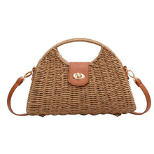 Load image into Gallery viewer, Medium beige and khaki straw bucket bag with locking buckle for women