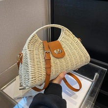 Load image into Gallery viewer, Women's medium straw bucket bag with beige and khaki clash colors and locking buckle closure