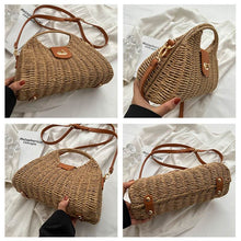 Load image into Gallery viewer, Beige and khaki straw bucket women's bag with locking buckle and crossbody strap