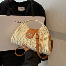 Load image into Gallery viewer, Stylish women's straw bucket bag with beige and khaki color clash and locking Women's Bags buckle closure