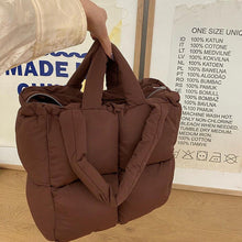 Load image into Gallery viewer, Large capacity fashion cotton-padded jacket bag in brown, white, and light pink with soft handle and zipper pocket